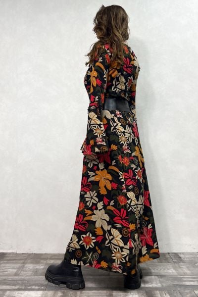 Belden Bağlamalı İspanyol Elbise - Güz Yaprakları