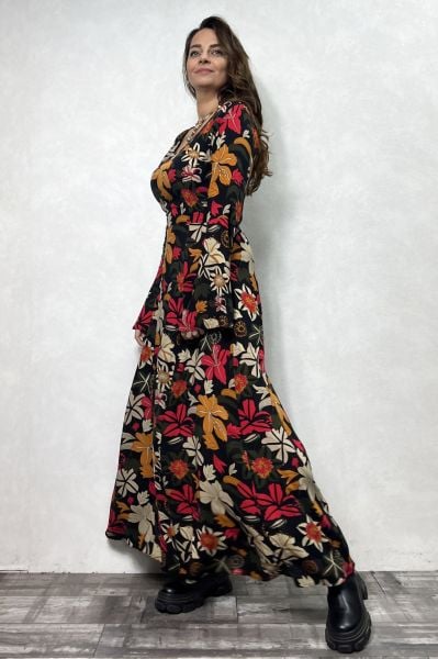 Belden Bağlamalı İspanyol Elbise - Güz Yaprakları