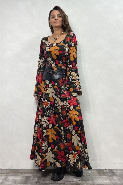 Belden Bağlamalı İspanyol Elbise - Güz Yaprakları