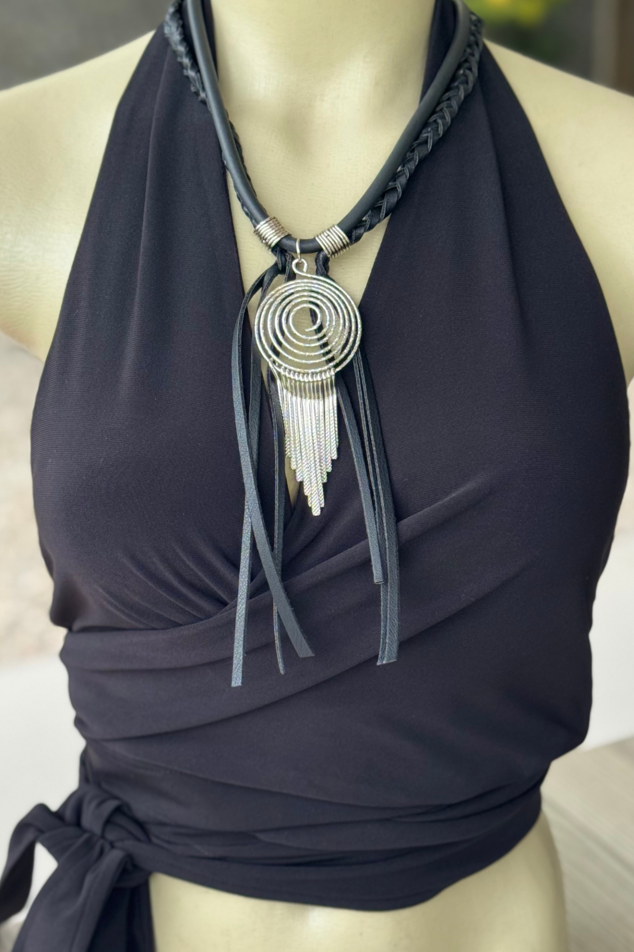 Lamante Silver Spiral Deri Kolye - Siyah
