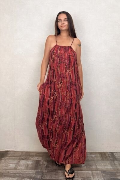 Halter Yaka Yırtmaçlı Bohem Elbise - Mercan Kırmızı