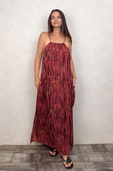 Halter Yaka Yırtmaçlı Bohem Elbise - Mercan Kırmızı