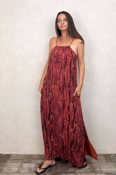 Halter Yaka Yırtmaçlı Bohem Elbise - Mercan Kırmızı