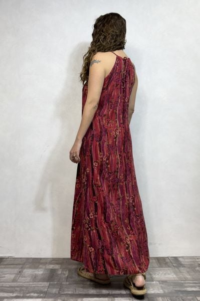 Halter Yaka Yırtmaçlı Bohem Elbise - Mercan Kırmızı