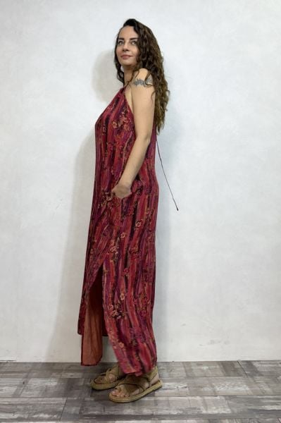 Halter Yaka Yırtmaçlı Bohem Elbise - Mercan Kırmızı