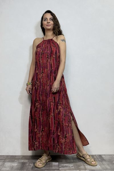 Halter Yaka Yırtmaçlı Bohem Elbise - Mercan Kırmızı