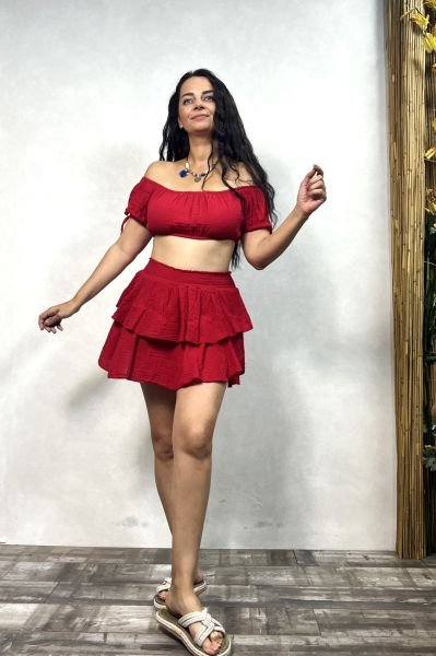 Pan Müslin Şort Etek Barbados Cherry - Vişne