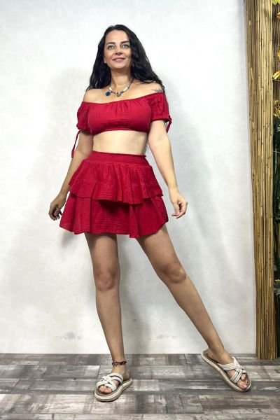 Pan Müslin Şort Etek Barbados Cherry - Vişne