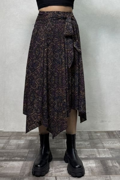 Beli Bağlamalı Salaş Midi Kloş Etek  - Mor Desenli