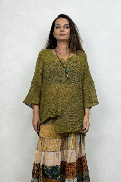 Kayık Yaka Merserize Bluz - Zeytuni