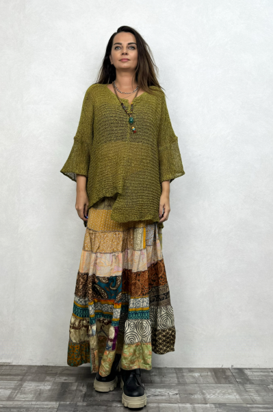 Kayık Yaka Merserize Bluz - Zeytuni