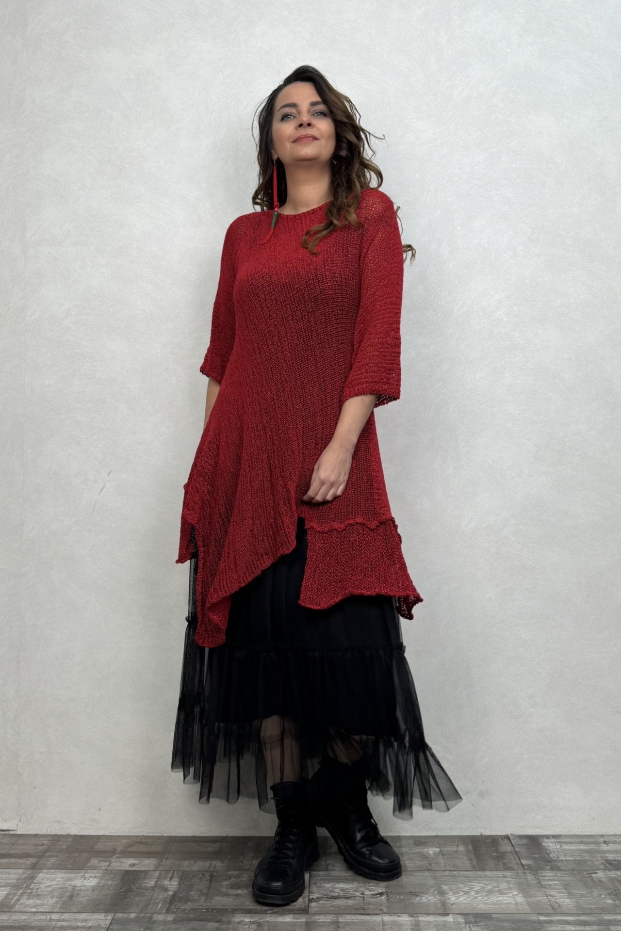 Merserize Tunik ve Tül Etek Kombin - Kırmızı Siyah