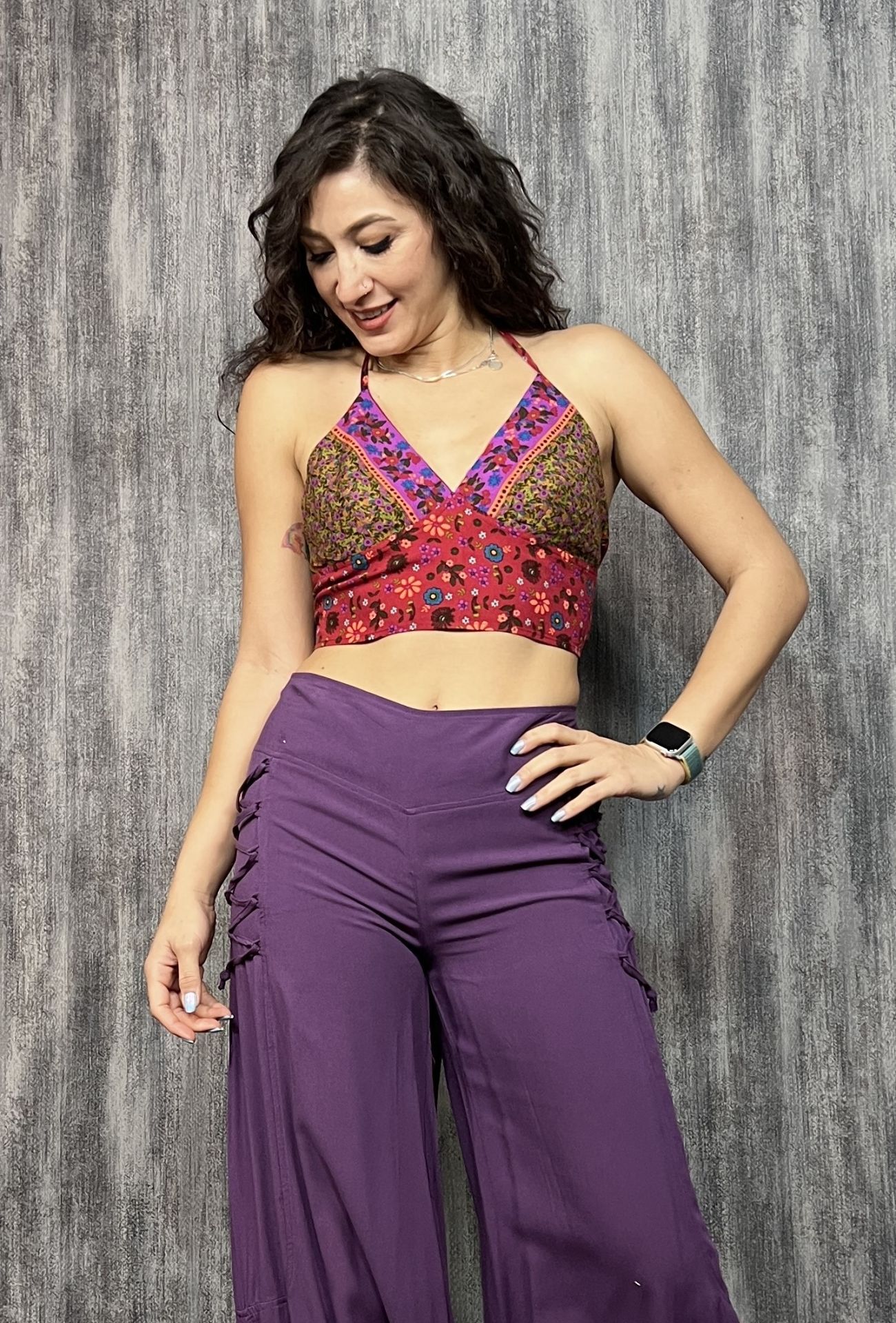 Boyundan Bağlamalı Kuplu Desenli Crop Bluz -Pembe