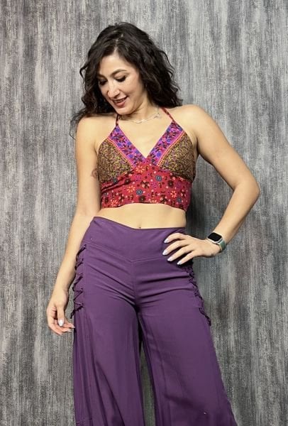 Boyundan Bağlamalı Kuplu Desenli Crop Bluz -Pembe