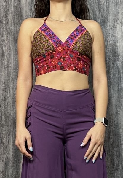 Boyundan Bağlamalı Kuplu Desenli Crop Bluz -Pembe
