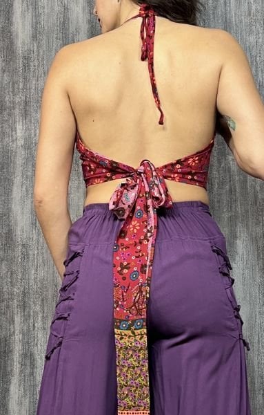 Boyundan Bağlamalı Kuplu Desenli Crop Bluz -Pembe