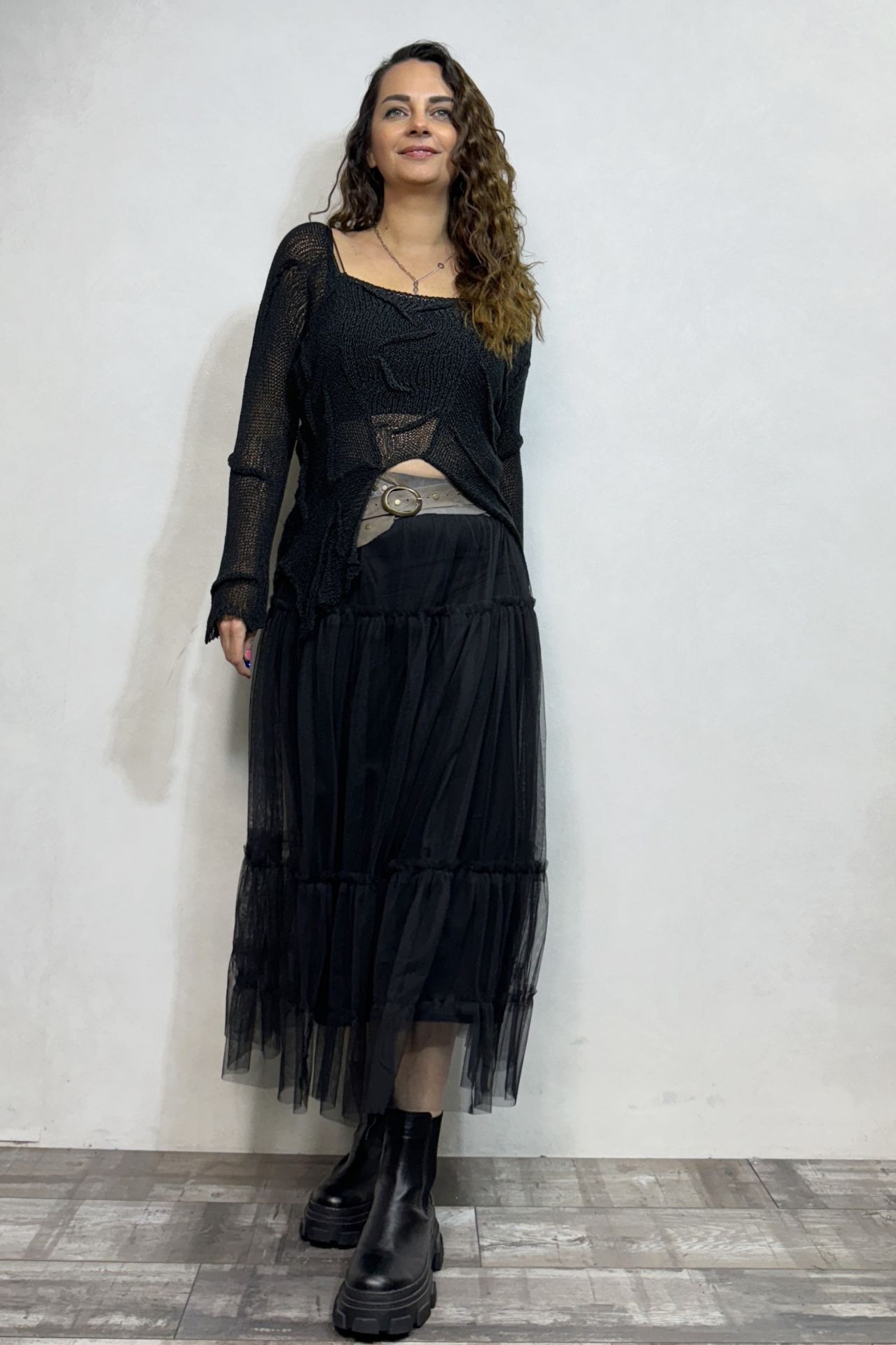 Pera Bluz ve Tül Etek Kombin - Siyah