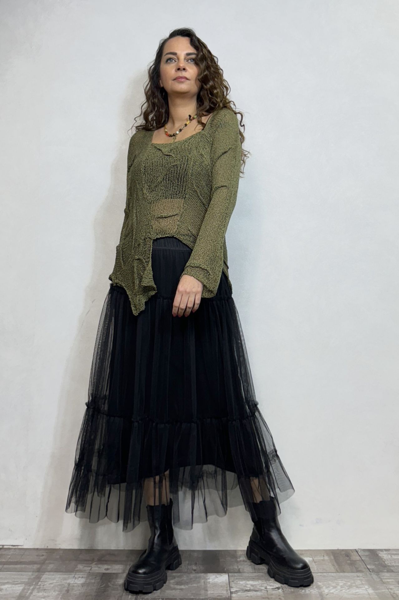 Pera Bluz ve Tül Etek Kombin - Siyah Haki