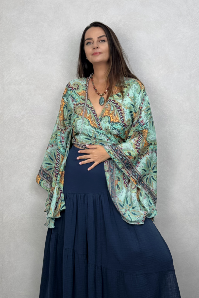 Kimono Kol İpek Bolero Bluz - Yeşil Bordo