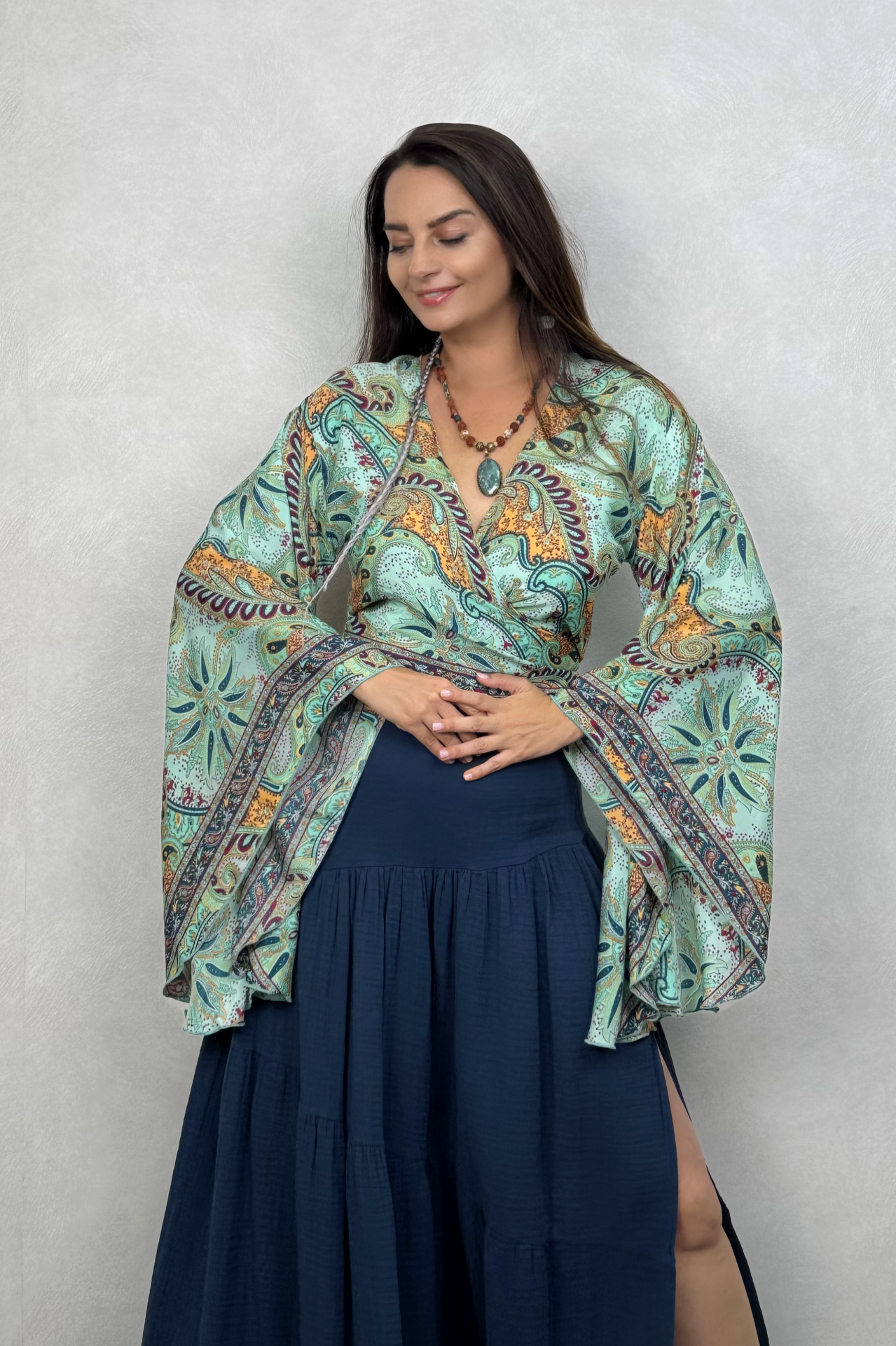 Kimono Kol İpek Bolero Bluz - Yeşil Bordo