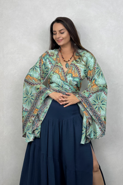 Kimono Kol İpek Bolero Bluz - Yeşil Bordo