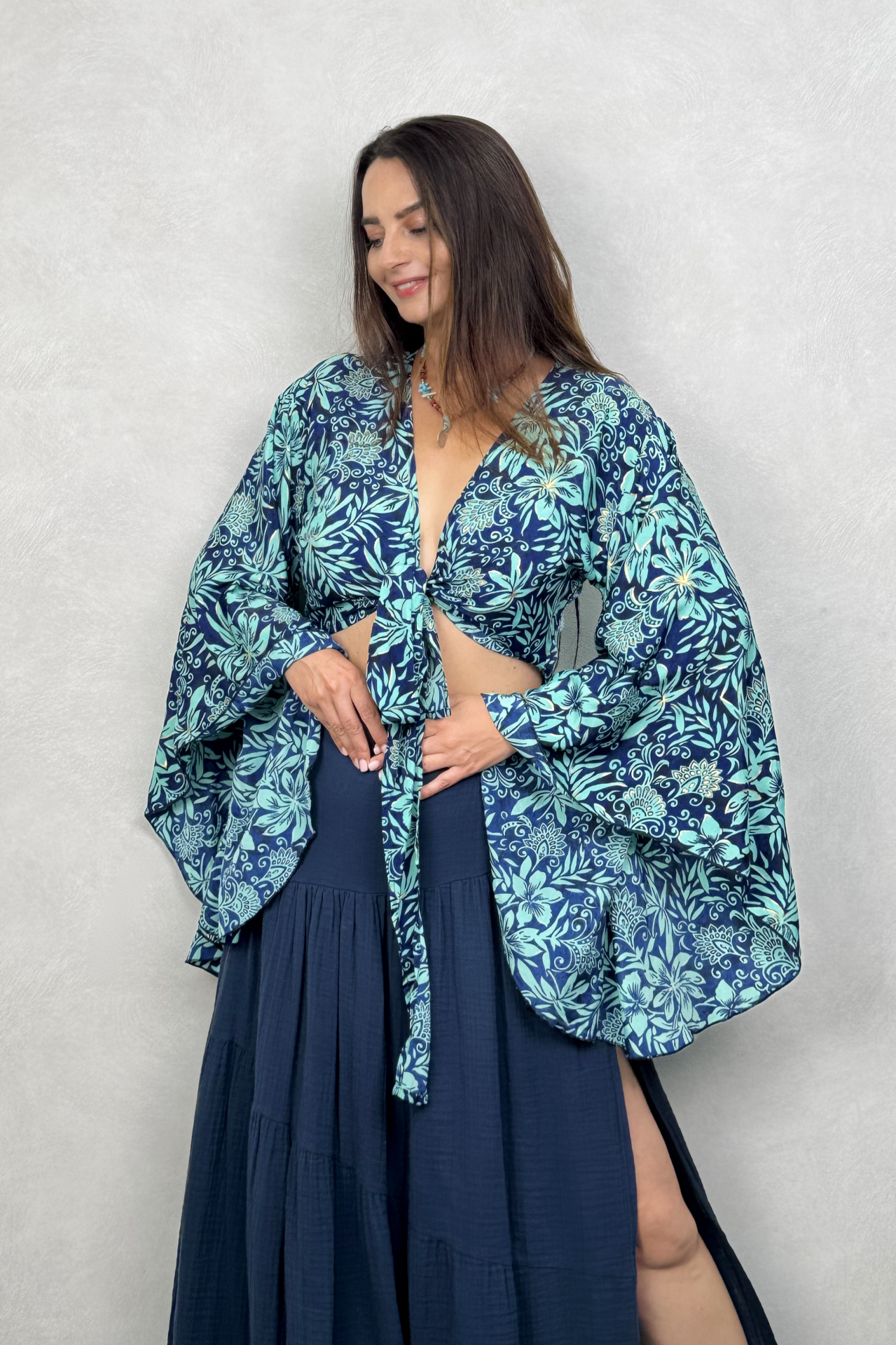 Kimono Kol İpek Bolero Bluz - Asia Turkuaz