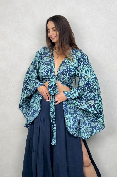 Kimono Kol İpek Bolero Bluz - Asia Turkuaz