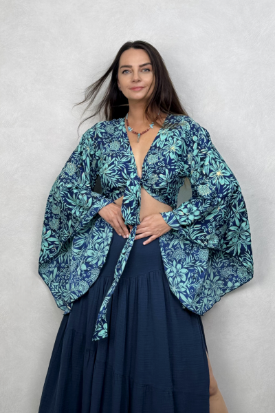 Kimono Kol İpek Bolero Bluz - Asia Turkuaz