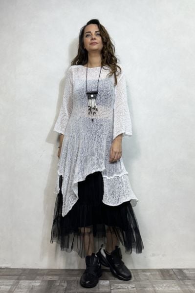 Merserize Tunik ve Tül Etek Kombin - Siyah Beyaz