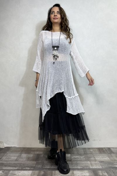 Merserize Tunik ve Tül Etek Kombin - Siyah Beyaz