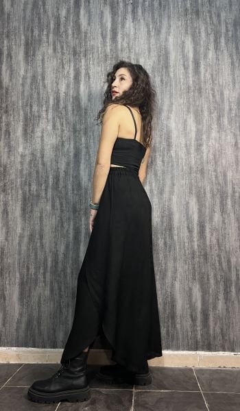 Bohem Stil Uzun Yırtmaçlı Siyah Etek