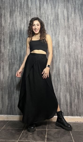 Bohem Stil Uzun Yırtmaçlı Siyah Etek