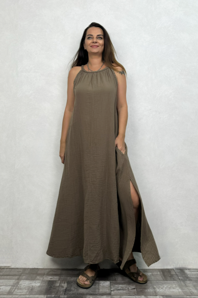Perit Müslin Elbise Neutral Brown -Doğal Kahve
