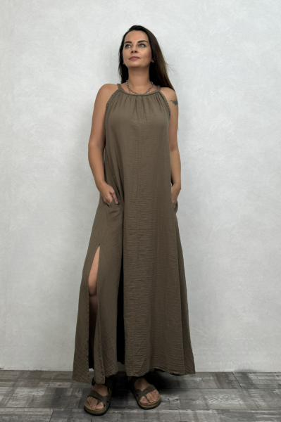 Perit Müslin Elbise Neutral Brown -Doğal Kahve