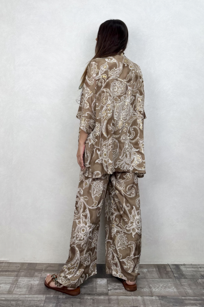 Kybele Kimono Pantolon Takım - Kahve Beyaz