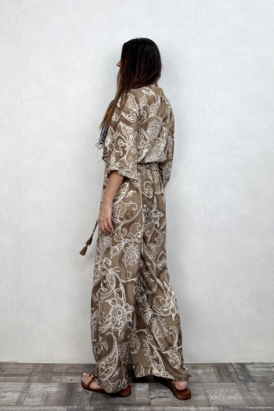 Kybele Kimono Pantolon Takım - Kahve Beyaz