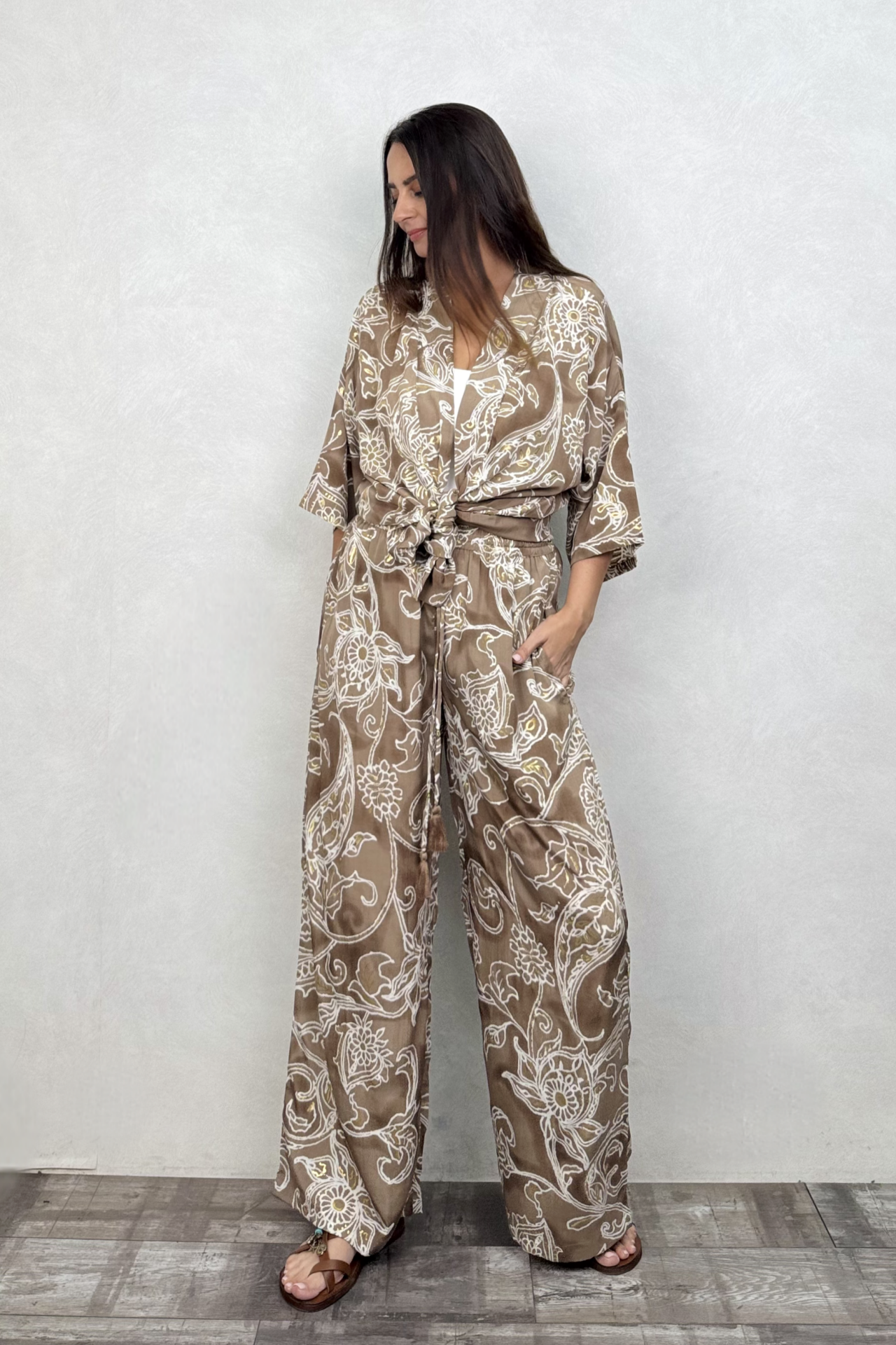 Kybele Kimono Pantolon Takım - Kahve Beyaz