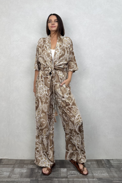Kybele Kimono Pantolon Takım - Kahve Beyaz