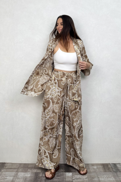 Kybele Kimono Pantolon Takım - Kahve Beyaz