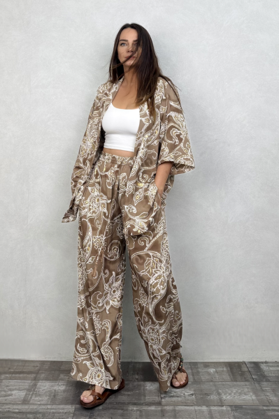 Kybele Kimono Pantolon Takım - Kahve Beyaz
