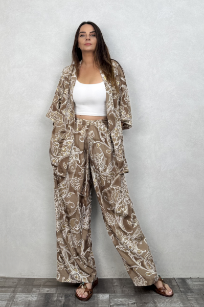 Kybele Kimono Pantolon Takım - Kahve Beyaz