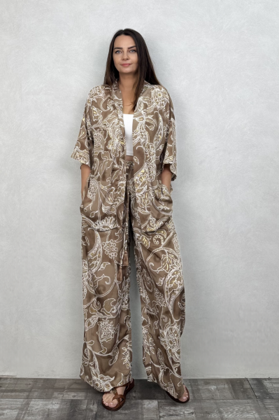 Kybele Kimono Pantolon Takım - Kahve Beyaz