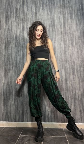Pile Detaylı Şık  Batik Şalvar Pantolon - Zümrüt Yeşil