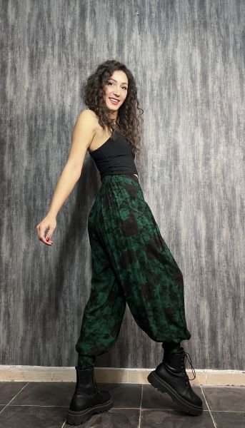 Pile Detaylı Şık  Batik Şalvar Pantolon - Zümrüt Yeşil
