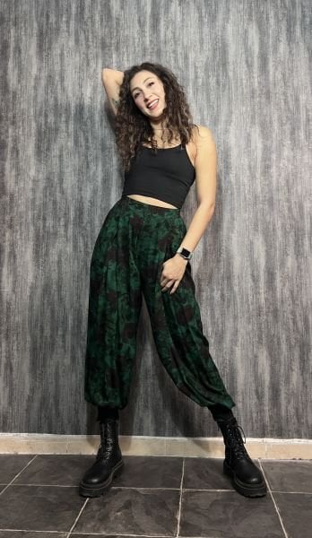 Pile Detaylı Şık  Batik Şalvar Pantolon - Zümrüt Yeşil
