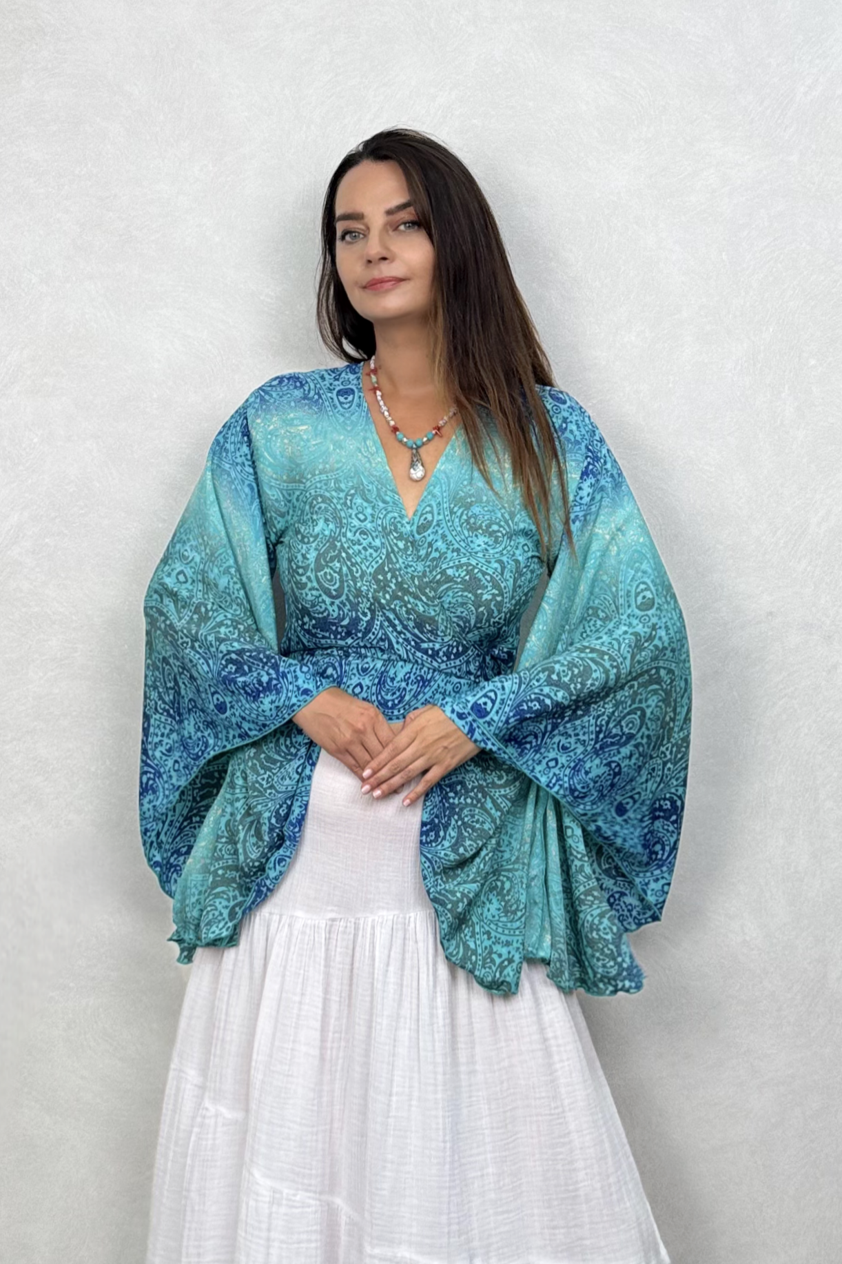 Kimono Kol İpek Bolero Bluz - Turkuaz