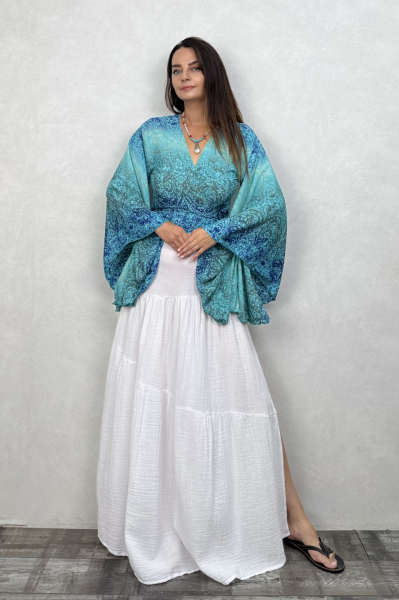 Kimono Kol İpek Bolero Bluz - Turkuaz
