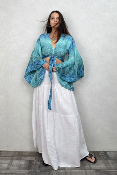 Kimono Kol İpek Bolero Bluz - Turkuaz