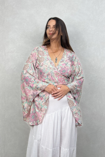 Kimono Kol İpek Bolero Bluz - Somon
