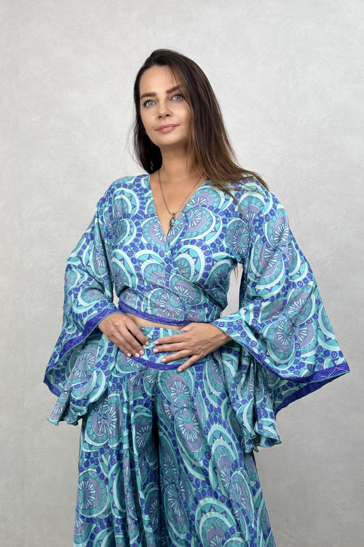 Kimono Kol İpek Bolero Bluz - Mavi Dalga